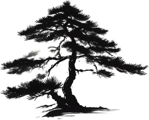 PSD japanese style painting with brush strokes of pine tree