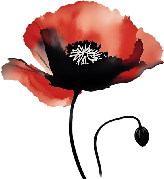 PSD japanese style painting with brush strokes of poppy flowers