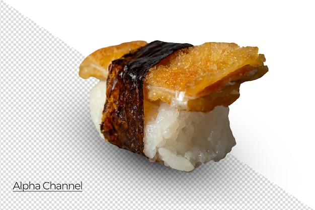 PSD 클리핑 패스를 사용하여 흰색 배경에 격리된 일본 스시 연어 껍질 튀김 초밥
