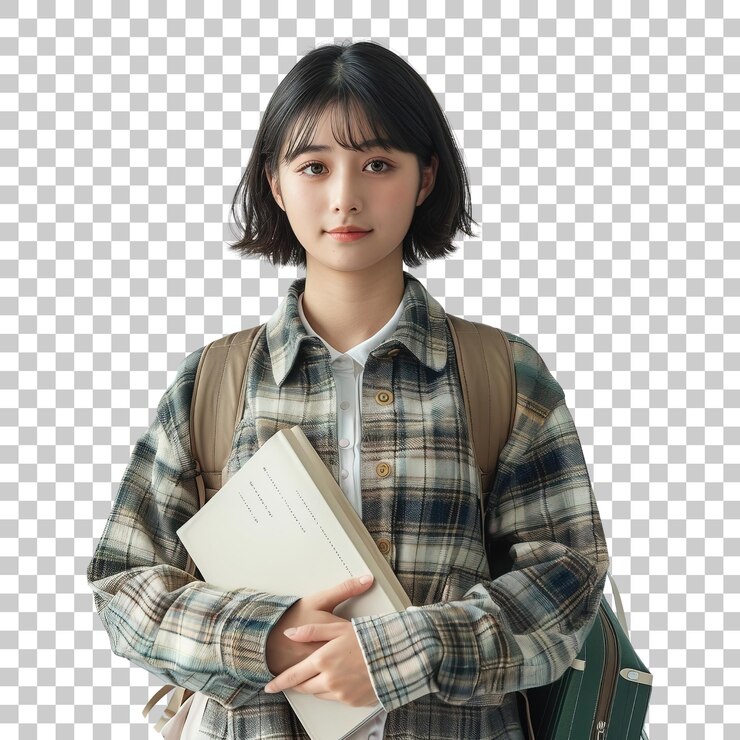 카레드 재 을 입고 책 을 들고 있는 일본인 젊은 여자