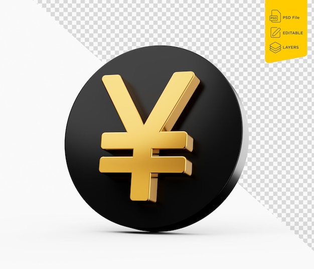 PSD japans yen-symbool in goud en zwart icoon op witte achtergrond 3d-illustratie