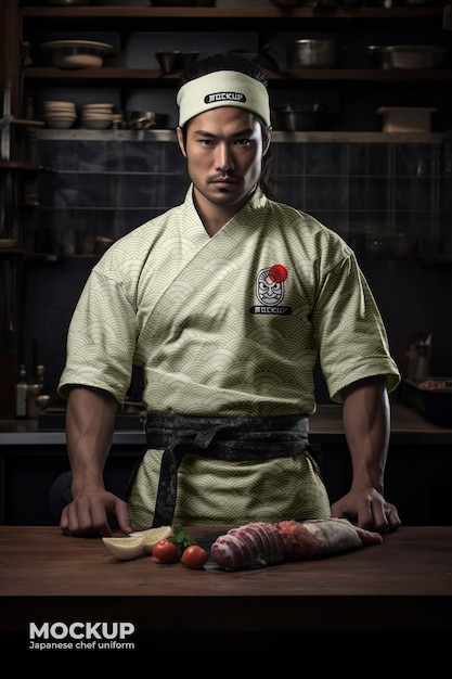 PSD japanse chef-kok met een mock-up van zijn uniform.