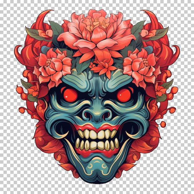 PSD japanse demon schedel masker decoratie met bloem geïsoleerd