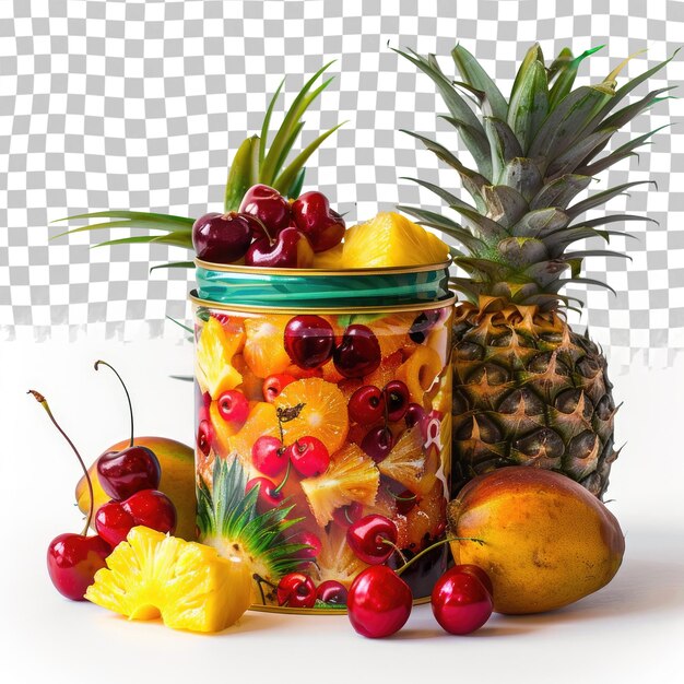 PSD a jar of fruit with a green lid that says  pineapple