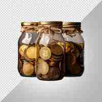 PSD a jar of gold coins with a brown ribbon around it