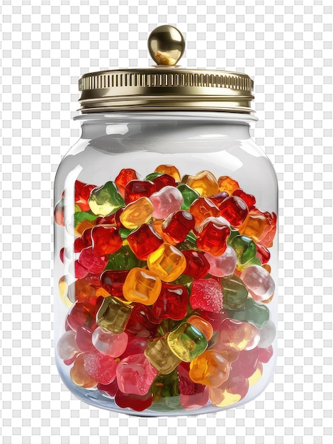 PSD a jar of gummy bears with a gold top that says gummy candy