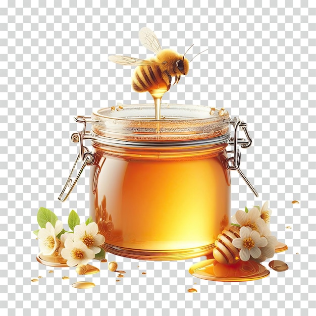 Jar of honey with a bee transparent background