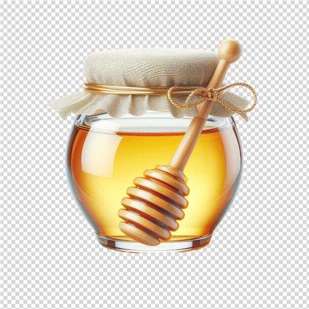 PSD a jar of honey with a stick in it that says honey