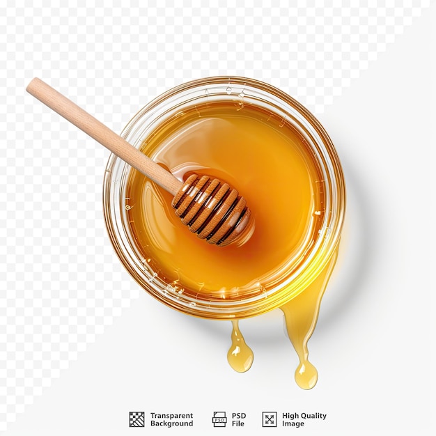 PSD a jar of honey with a wooden spoon in it that says honey.