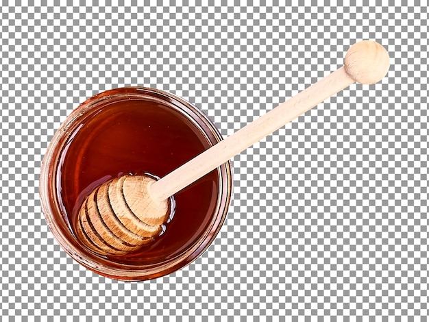 a jar of honey with a wooden spoon on transparent background