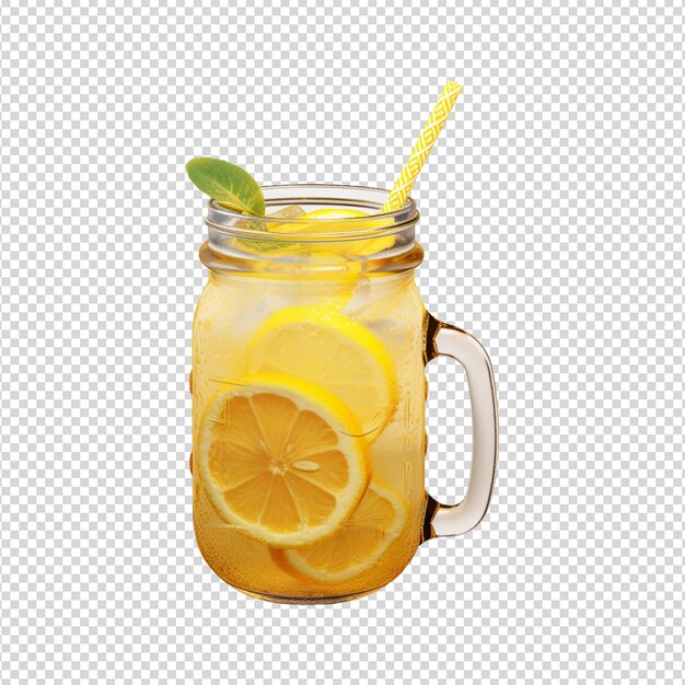 PSD jar of lemonade with a straw and lemon slices on transparent background