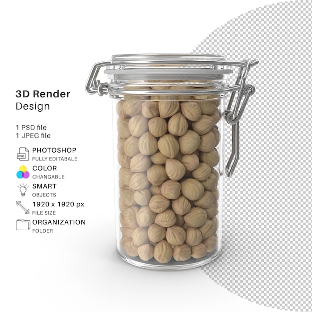 底に「3d render design」というタイトルが付いているナッツの瓶。