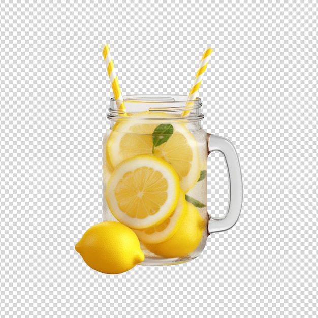 PSD 透明な背景のストローとレモンの切り分けのレモネードの瓶