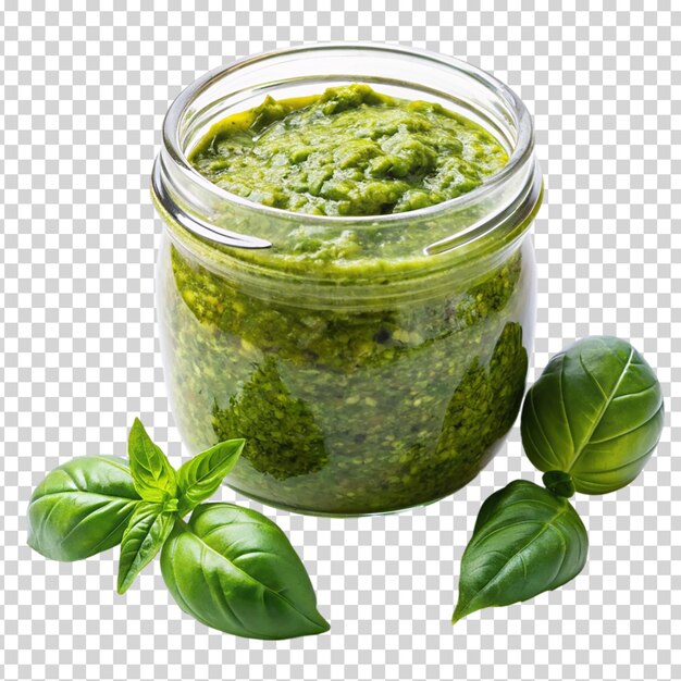 Un barattolo di pesto con una foglia accanto su uno sfondo trasparente