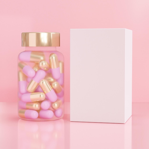 A jar of pink and gold pills next to a white box.