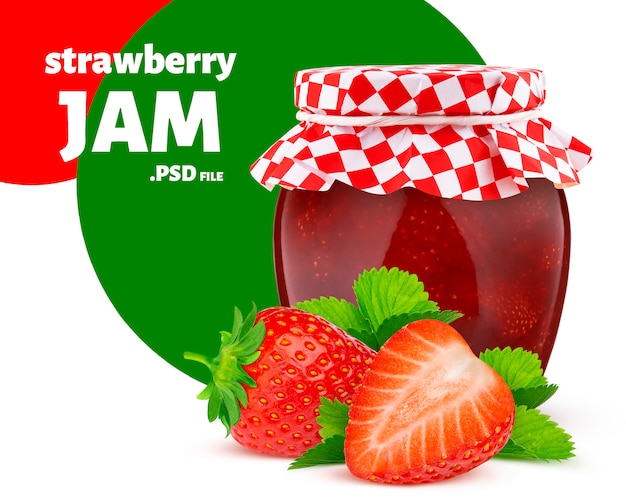 PSD jar of strawberry fruit jam isolated on white