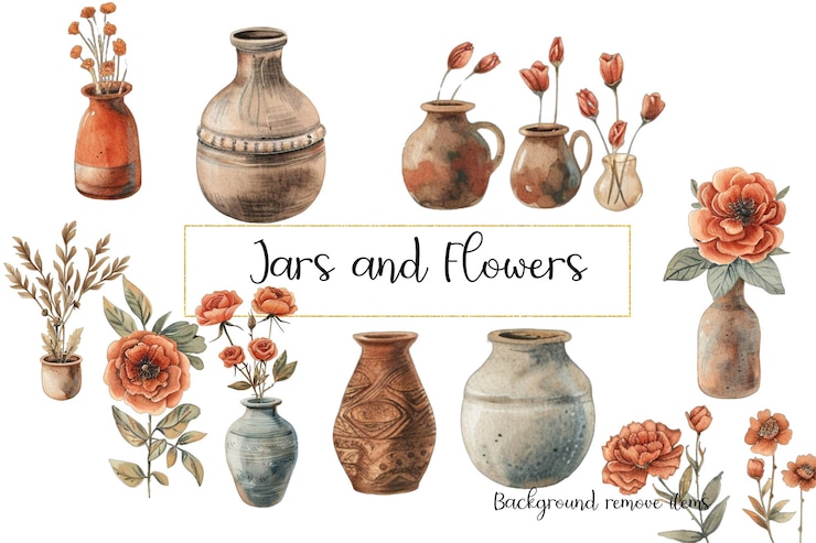 PSD jars and flowers clipart png psd file