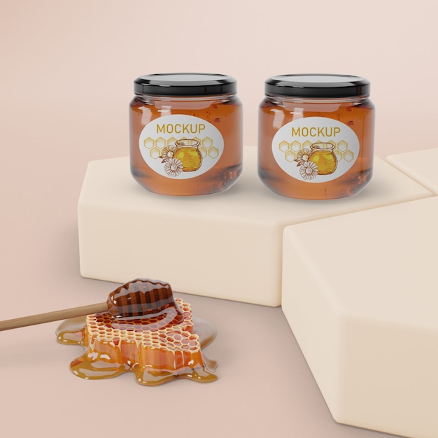 PSD jars with honey aligned on table