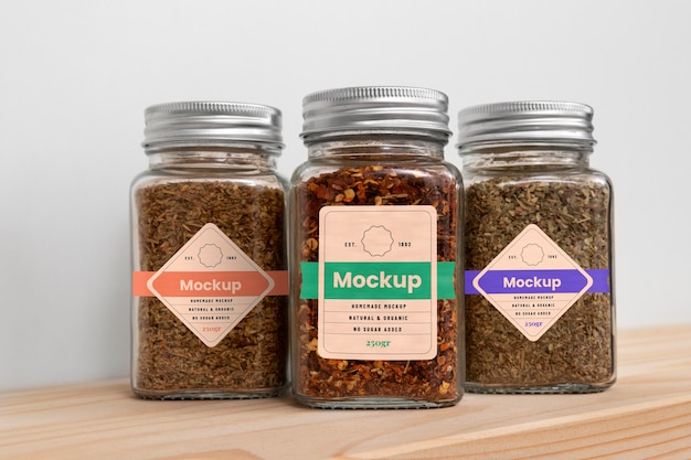 PSD jars with labels on shelf mockup