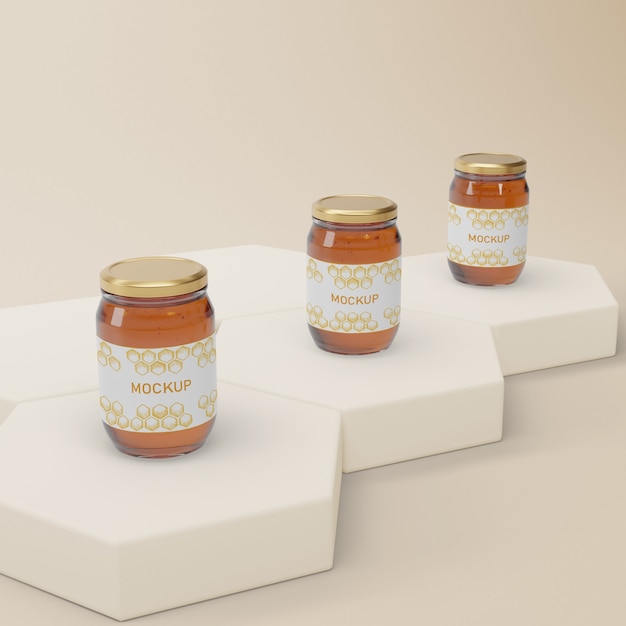 PSD jars with natural honey on table