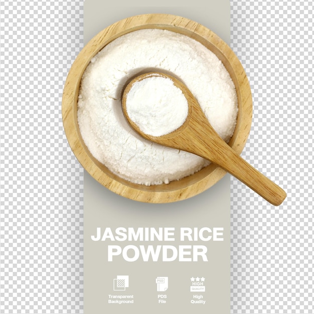 Jasmine rice powder in wooden bowl with wooden spoon top view transparent background