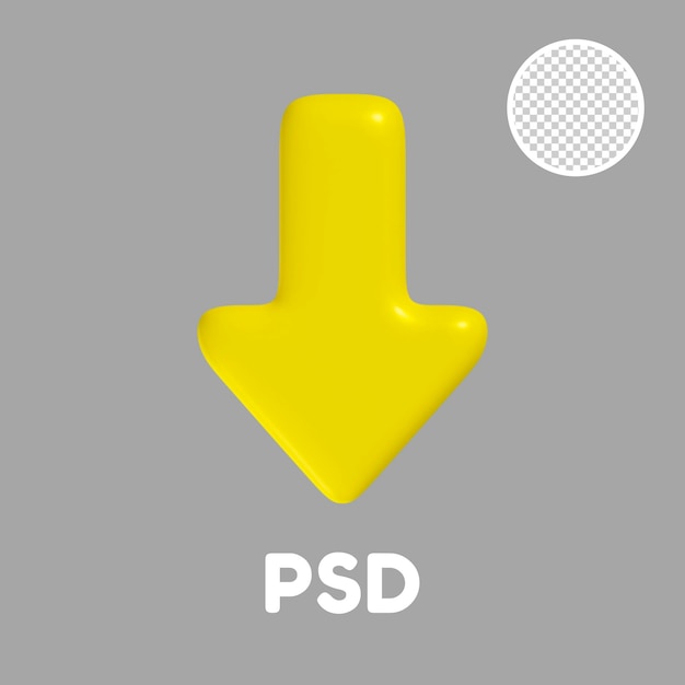 PSD jasnożółta strzałka w dół renderowania 3d na przezroczystym tle