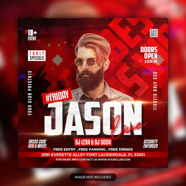 Jason dj party night banner social media post design template premium psd template