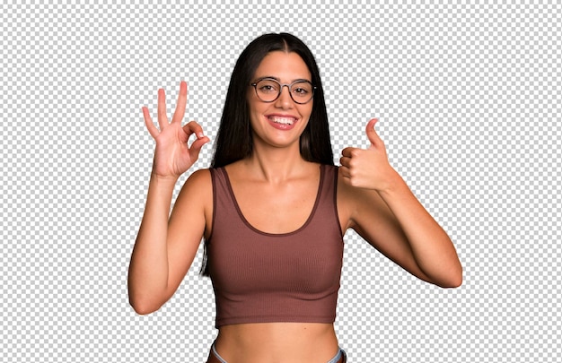 Je blij voelen verbaasd tevreden en verrast oke tonen en duimen omhoog gebaren glimlachen
