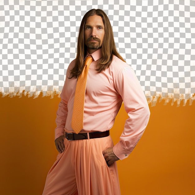 A jealous adult man with long hair from the slavic ethnicity dressed in elementary school teacher attire poses in a full length with flowing dress style against a pastel tangerine backgroun