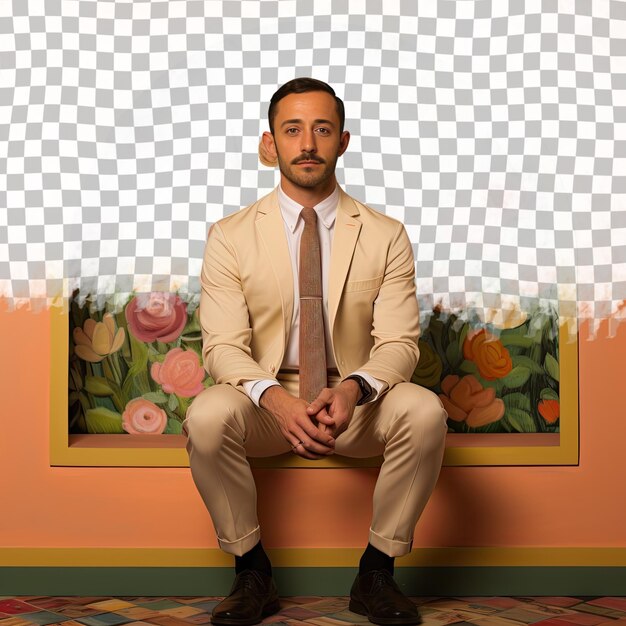 PSD a jealous adult man with short hair from the middle eastern ethnicity dressed in recreational therapist attire poses in a back arch with hands on thighs style against a pastel rose backgroun