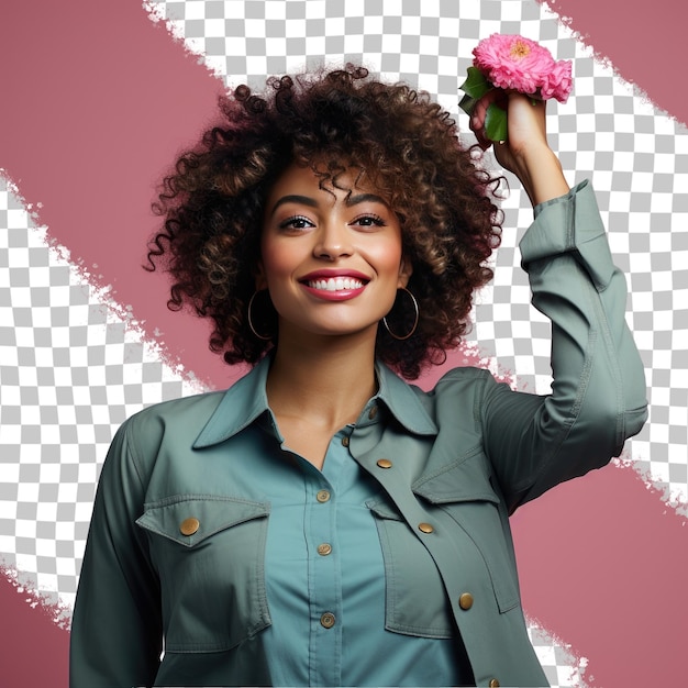 PSD a jealous adult woman with kinky hair from the slavic ethnicity dressed in reporter attire poses in a standing with arms raised style against a pastel rose background