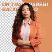 PSD a jealous adult woman with wavy hair from the native american ethnicity dressed in journalist attire poses in a crossed arms confidence style against a pastel tangerine background