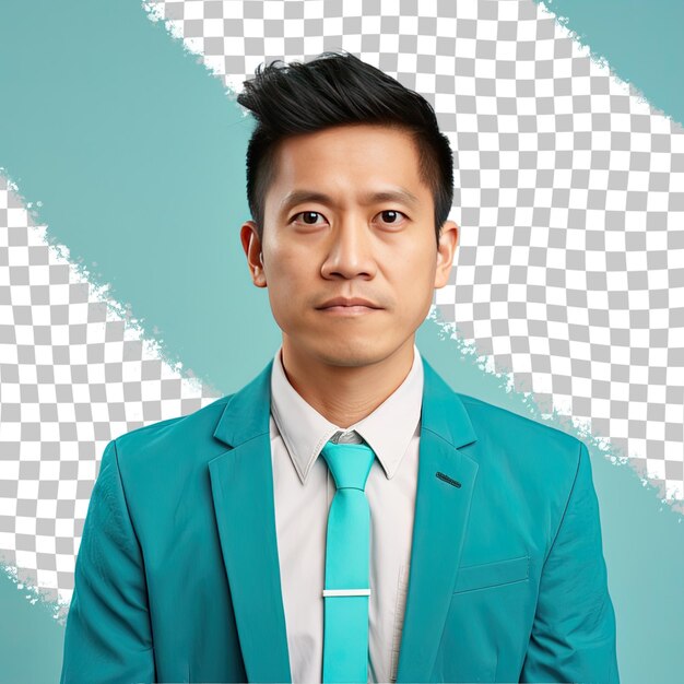 A jealous middle aged man with short hair from the southeast asian ethnicity dressed in information systems manager attire poses in a casual hair tug style against a pastel turquoise backgr