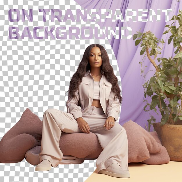 A jealous middle aged woman with long hair from the african ethnicity dressed in landscape architect attire poses in a graceful floor seating style against a pastel lilac background