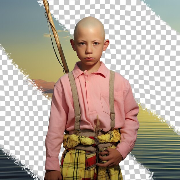 A jealous preschooler boy with bald hair from the native american ethnicity dressed in fishing by the lake attire poses in a one shoulder forward style against a pastel lemon background