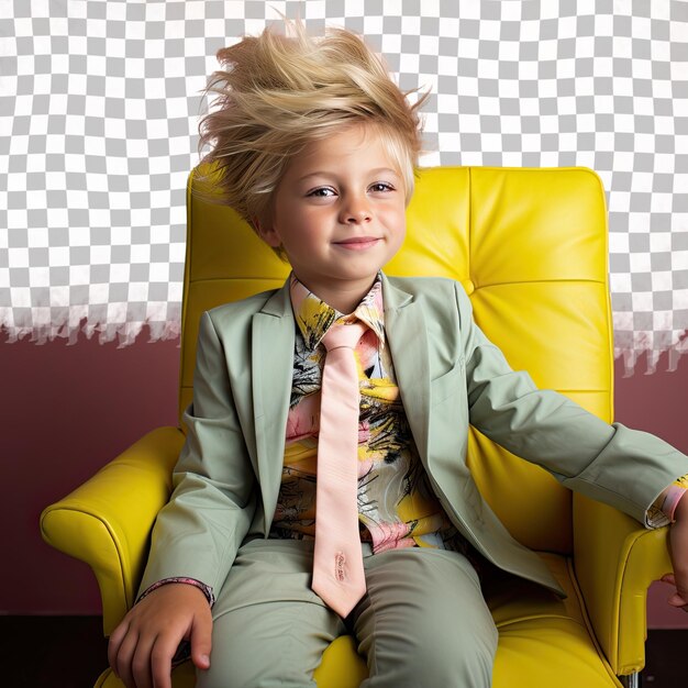 A jealous preschooler boy with blonde hair from the south asian ethnicity dressed in makeup artist attire poses in a laid back chair lean style against a pastel lemon background