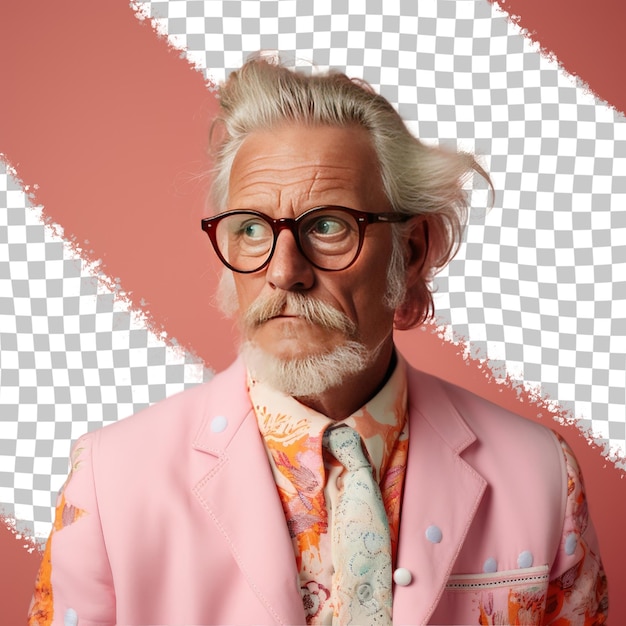 PSD a jealous senior man with blonde hair from the scandinavian ethnicity dressed in sewing clothes attire poses in a focused gaze with glasses style against a pastel coral background