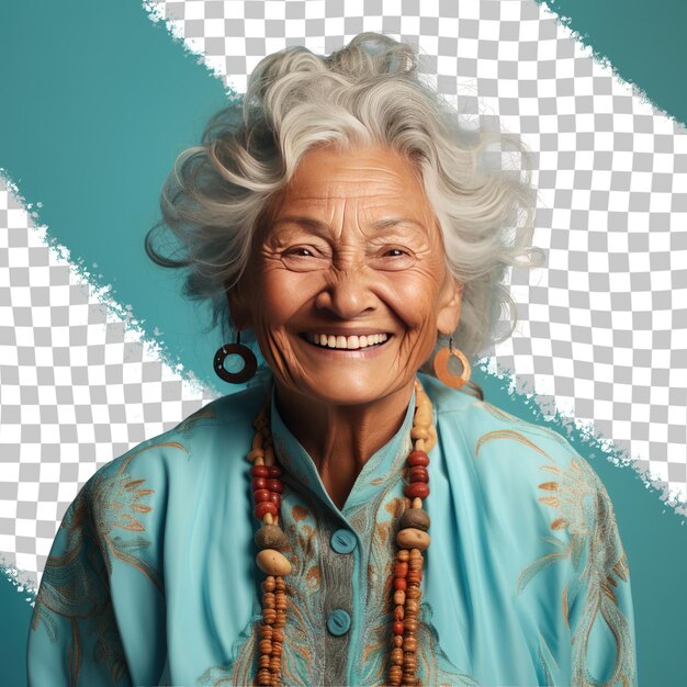 PSD a jealous senior woman with wavy hair from the aboriginal australian ethnicity dressed in nanny attire poses in a playful laugh style against a pastel turquoise background