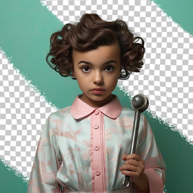 PSD a jealous toddler woman with bald hair from the south asian ethnicity dressed in locksmith attire poses in a hand brushing through hair style against a pastel mint background