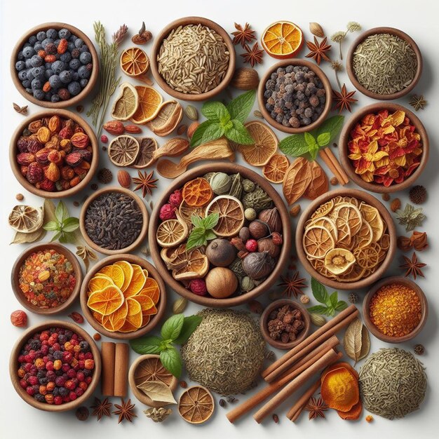 PSD jedzenie z różnych indyjskich ziół i roślin z kolorowymi warzywami