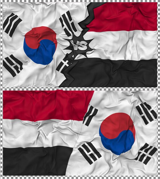 Jemen versus Zuid-Korea Half gecombineerde vlag Cloth Bump Texture 3D Rendering