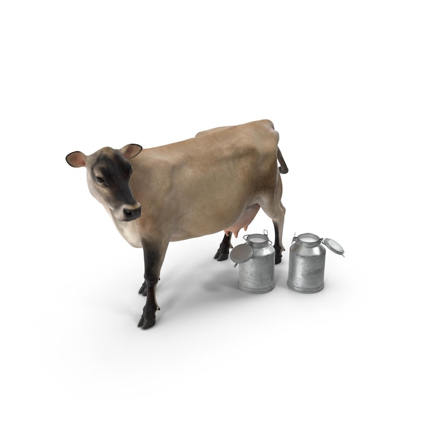 Jersey koe met twee metalen melk blikjes op witte achtergrond