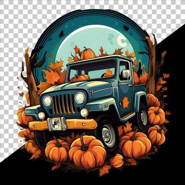 PSD jesień samochód z dyni ilustracja jesień koszulka projekt izolowany na przezroczystym tle png