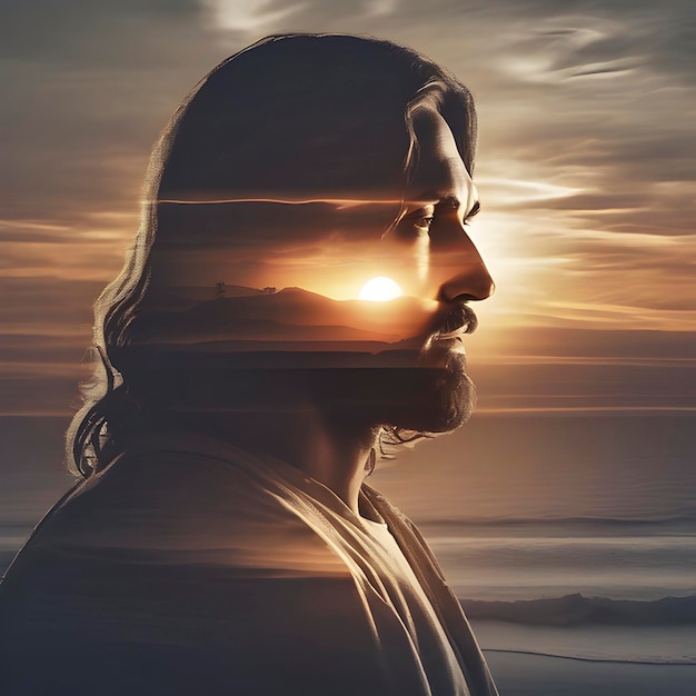 PSD silhouette di gesù cristo con la costa al tramonto