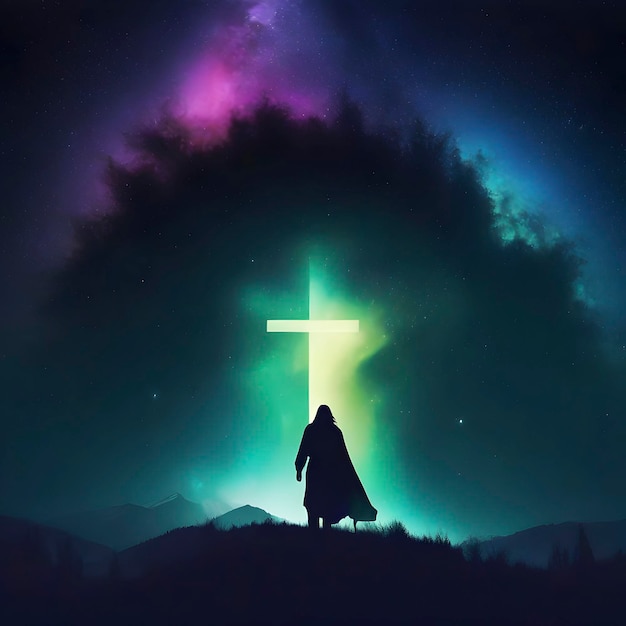 PSD jesus christ with a dark sky galaxy in the background aigenerated