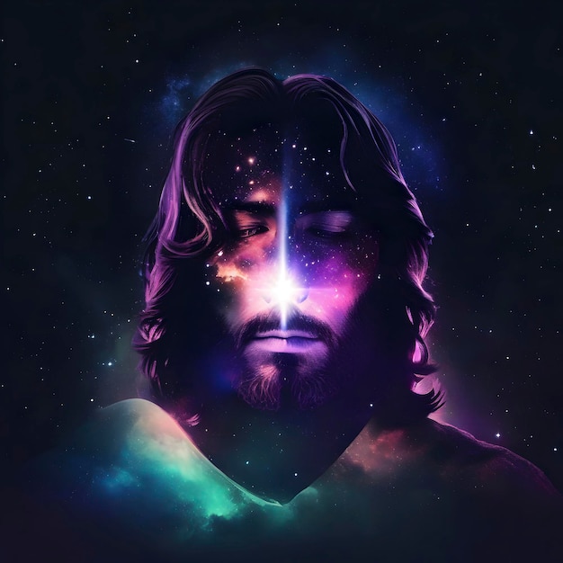 PSD jesus christ with a dark sky galaxy in the background aigenerated