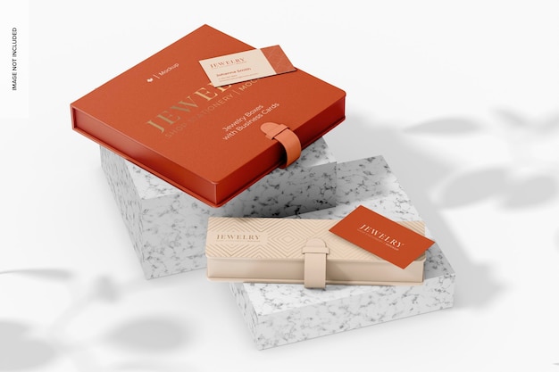 jewelry boxes with business cards mockup on podium