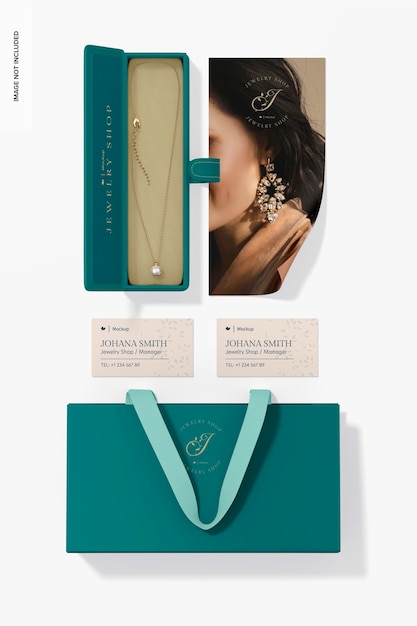 jewelry packaging and stationery mockup, top view