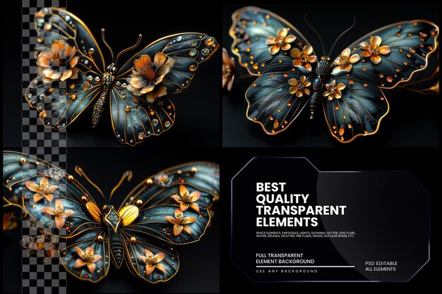 PSD jewelry vlinder met zwarte vleugels versierd op doorzichtige achtergrond