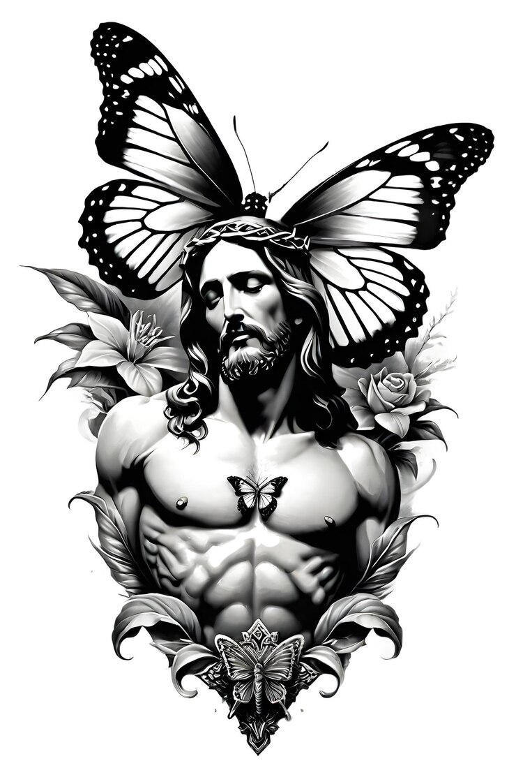 PSD jezus met bloemen en vlinders half lichaam